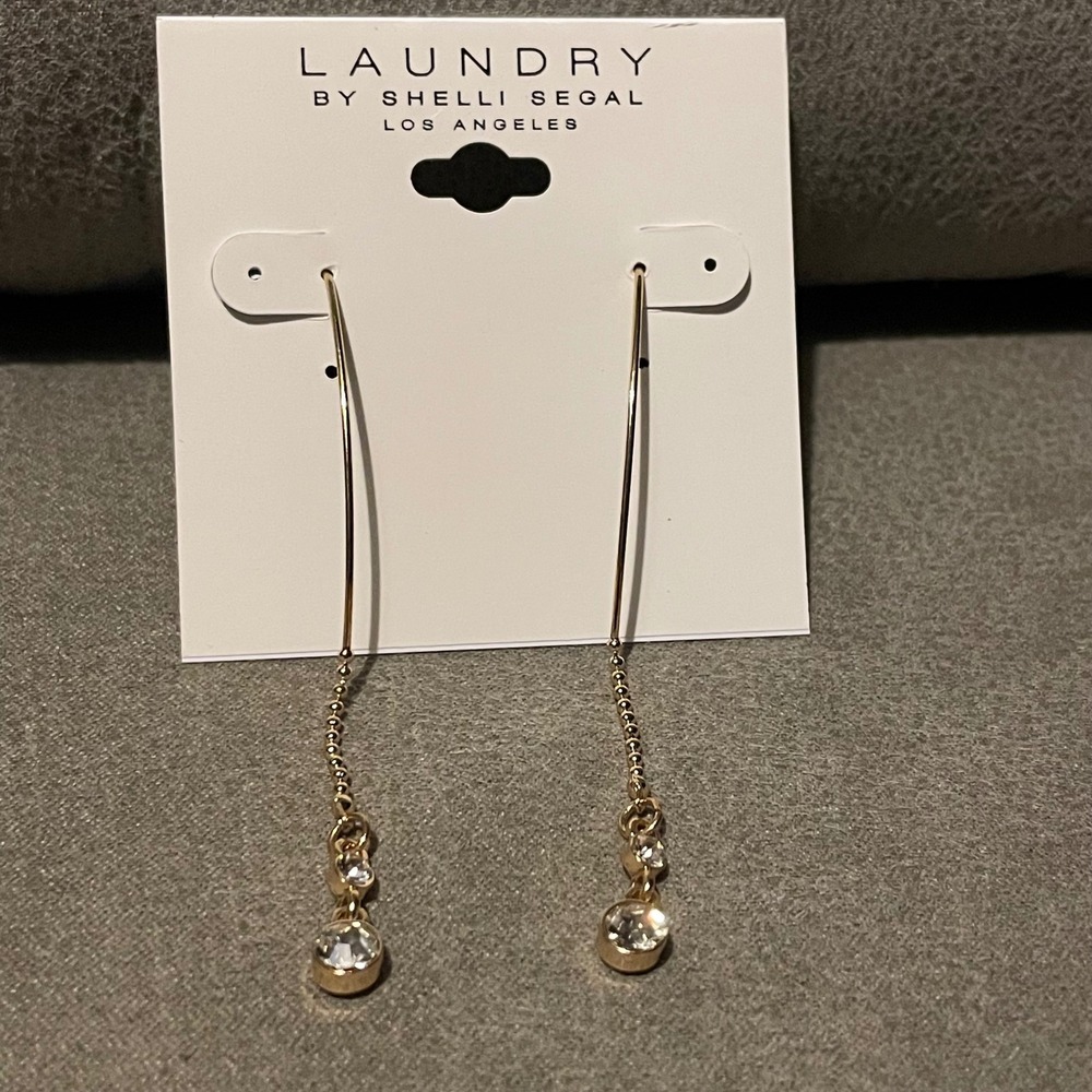 Laundry by Shelli Segal Gold Tone Crystal Threader Drop Earrings Clear Stones